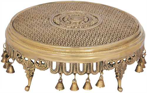 Flowers Engraved Brass Chowki Pedestal with Bells Handmade