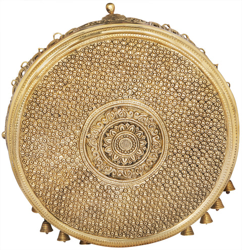 Flowers Engraved Circular Chowki (Pedestal) with Bells - Fine Quality