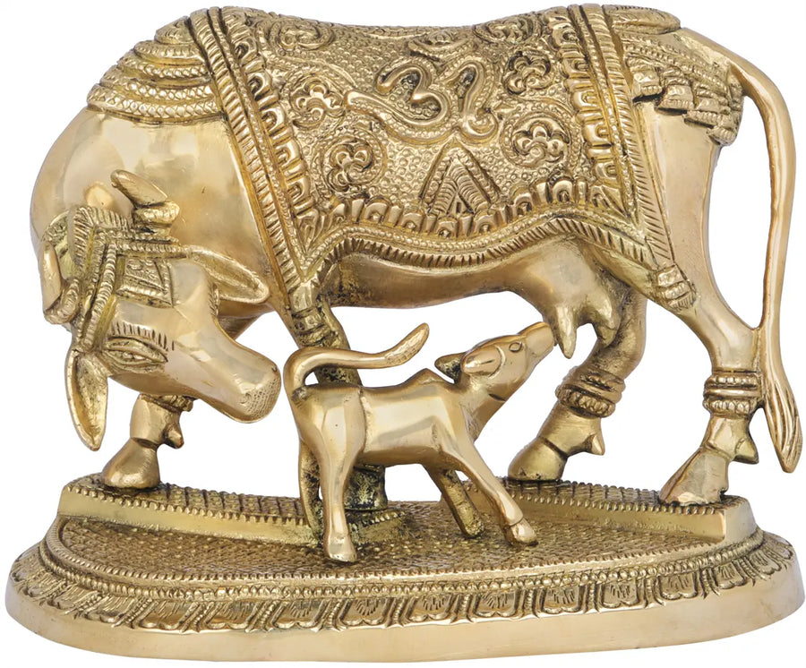 4" Handmade Brass Mother Cow with Calf Statue