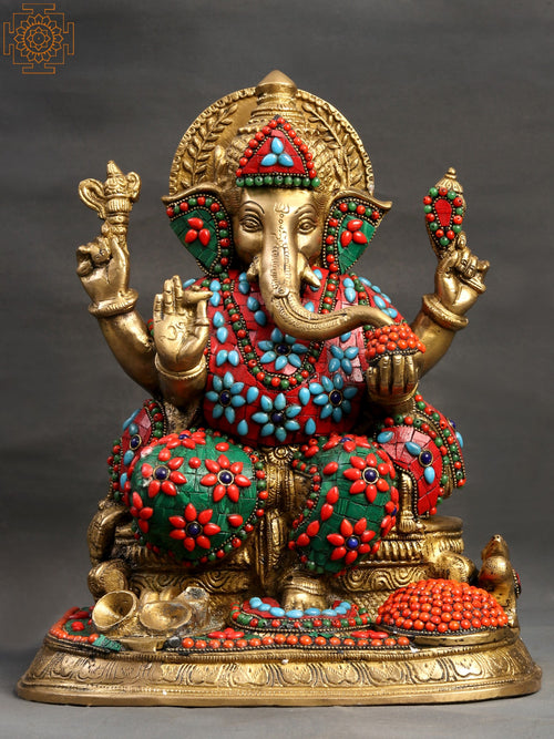 13" Lord Ganesha Brass Statue with Inlay Work Handmade