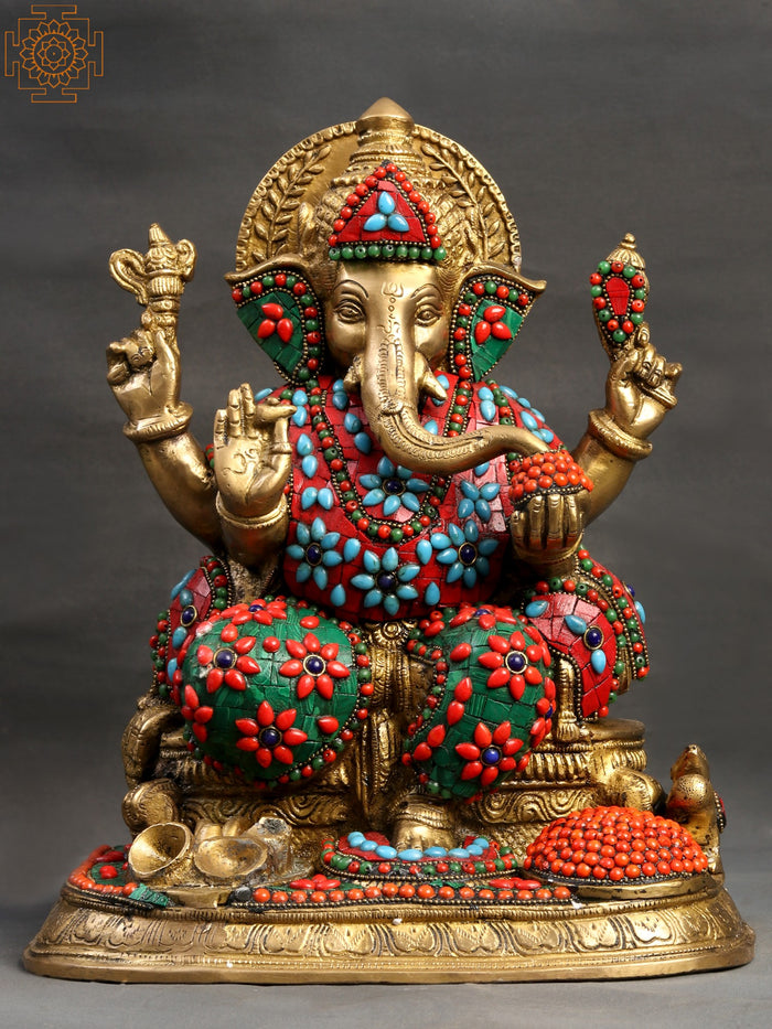 13" Lord Ganesha Brass Statue with Inlay Work Handmade