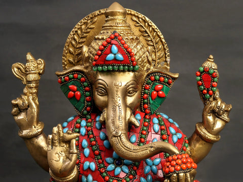 13" Lord Ganesha with Fine Quality Inlay Work In Brass | Handmade | Made In India