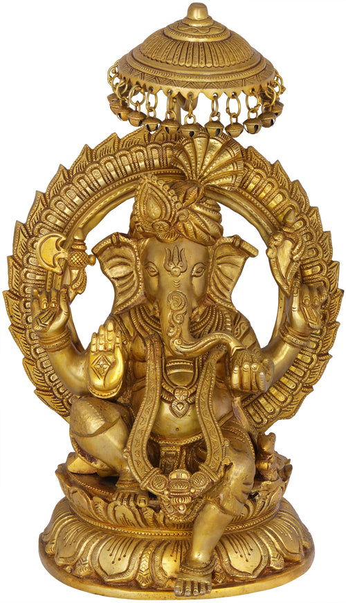 17" Brass Ganesha Seated on Lotus Throne with Parasol Statue