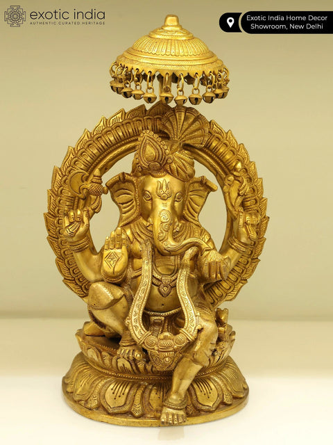 17" Pagdi Ganesha Seated on Lotus Throne with Parasol In Brass | Handmade | Made In India