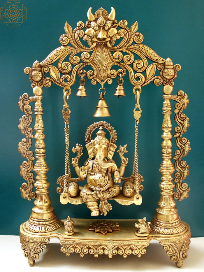 26" Brass Kirtimukha Ganesha Swing Idol with Bells for Pooja