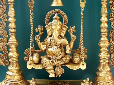 26" Brass Kirtimukha Ganesha Idol Swing with Bells