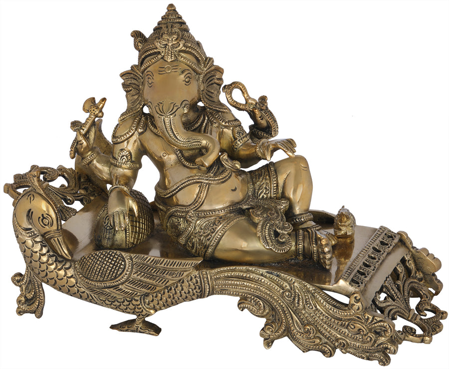 7" Brass Ganesha Idol on Peacock Recliner Handmade Statue