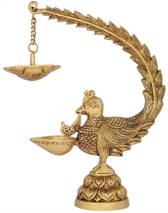 12" Brass Peacock Hanging Lamp with Five Oil Wick Diya