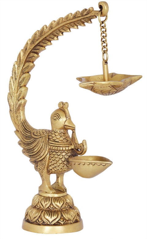 12" Brass Peacock Lamp with Five Wicks Diya Hanging on Peacock's Tail | Handmade | Made in India