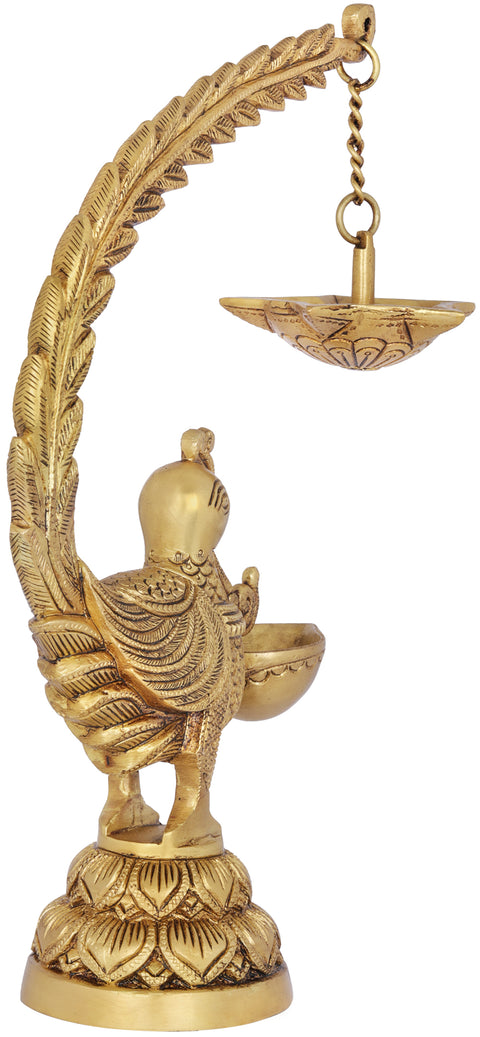 12" Brass Peacock Lamp with Five Wicks Diya Hanging on Peacock's Tail | Handmade | Made in India