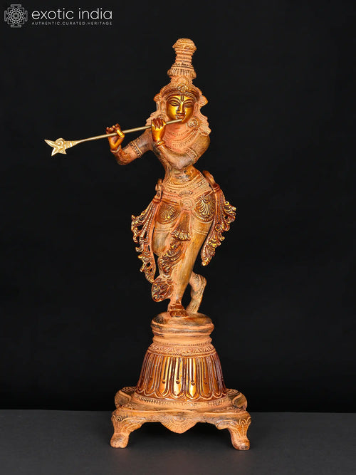 12" Lord Krishna Brass Statue on High Pedestal Handmade