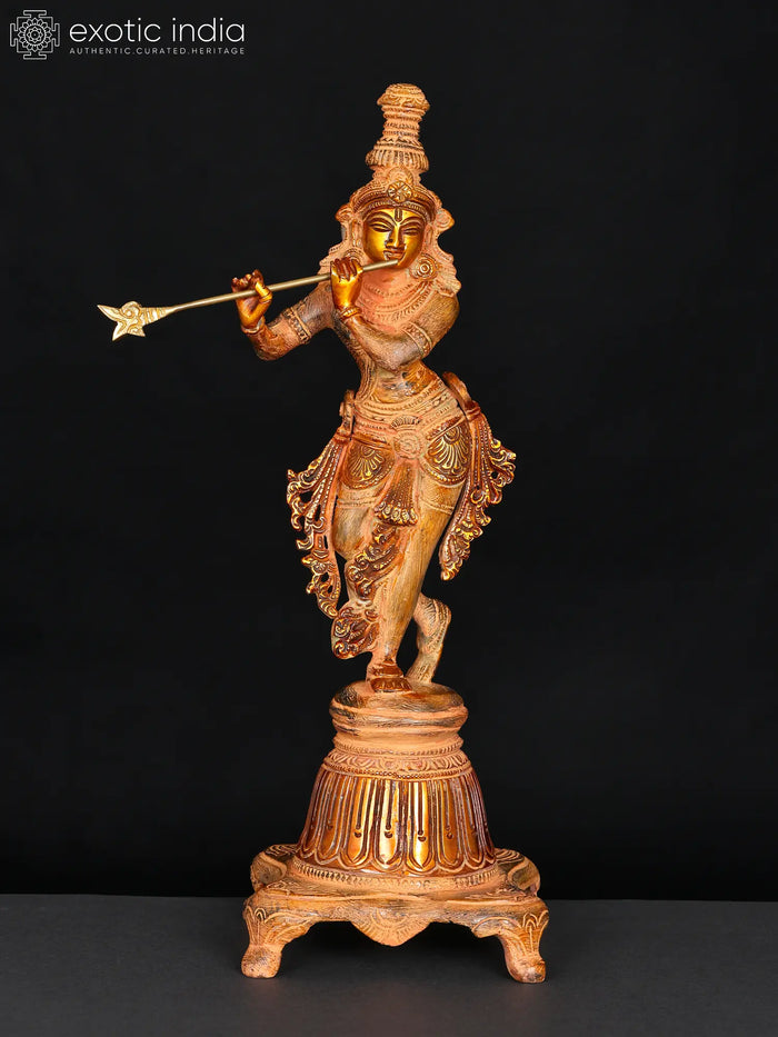 12" Lord Krishna Brass Statue on High Pedestal Handmade