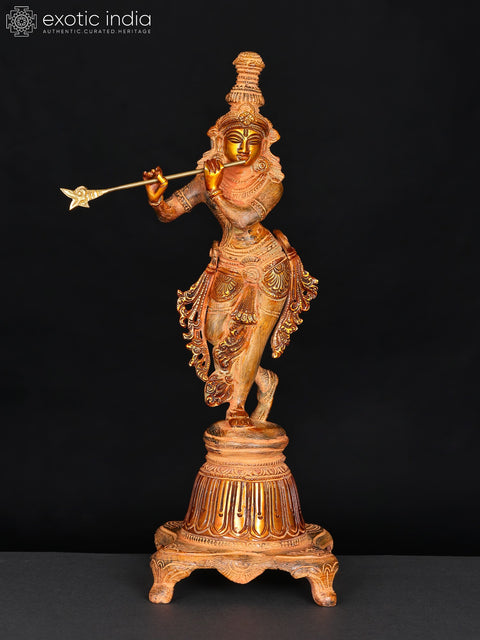 12" Lord Krishna on a High Pedestal In Brass