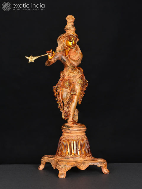 12" Lord Krishna on a High Pedestal In Brass