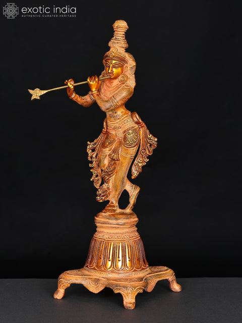 12" Lord Krishna on a High Pedestal In Brass