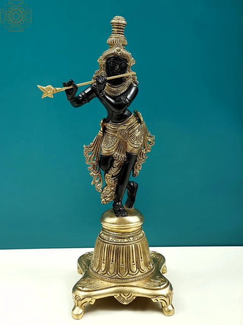 12" Lord Krishna on a High Pedestal In Brass
