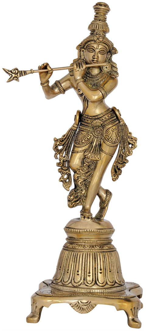 12" Lord Krishna on a High Pedestal In Brass