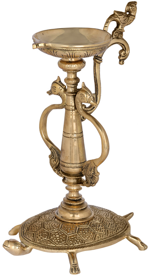 Brass Vastu Lamp on Tortoise with Peacock Handles