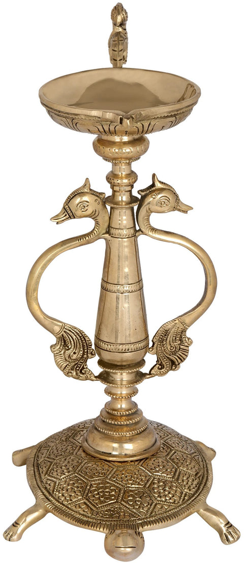 Brass Vastu Lamp on Tortoise with Peacock Handles