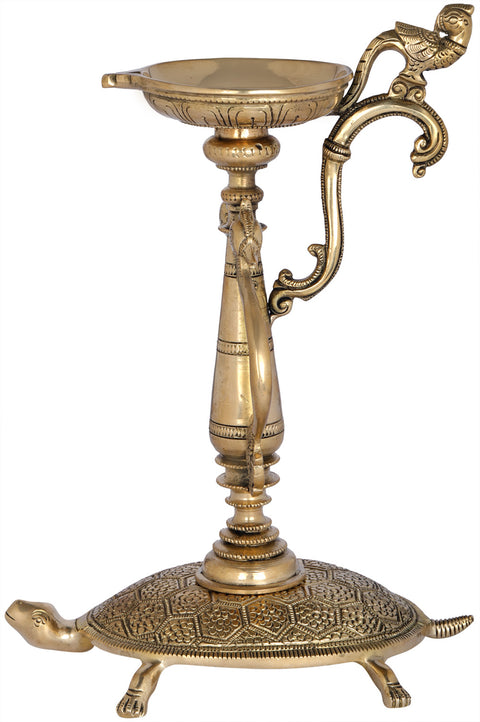 Brass Vastu Lamp on Tortoise with Peacock Handles