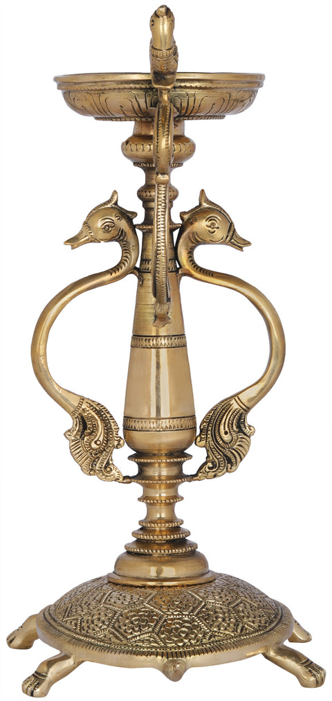Brass Vastu Lamp on Tortoise with Peacock Handles