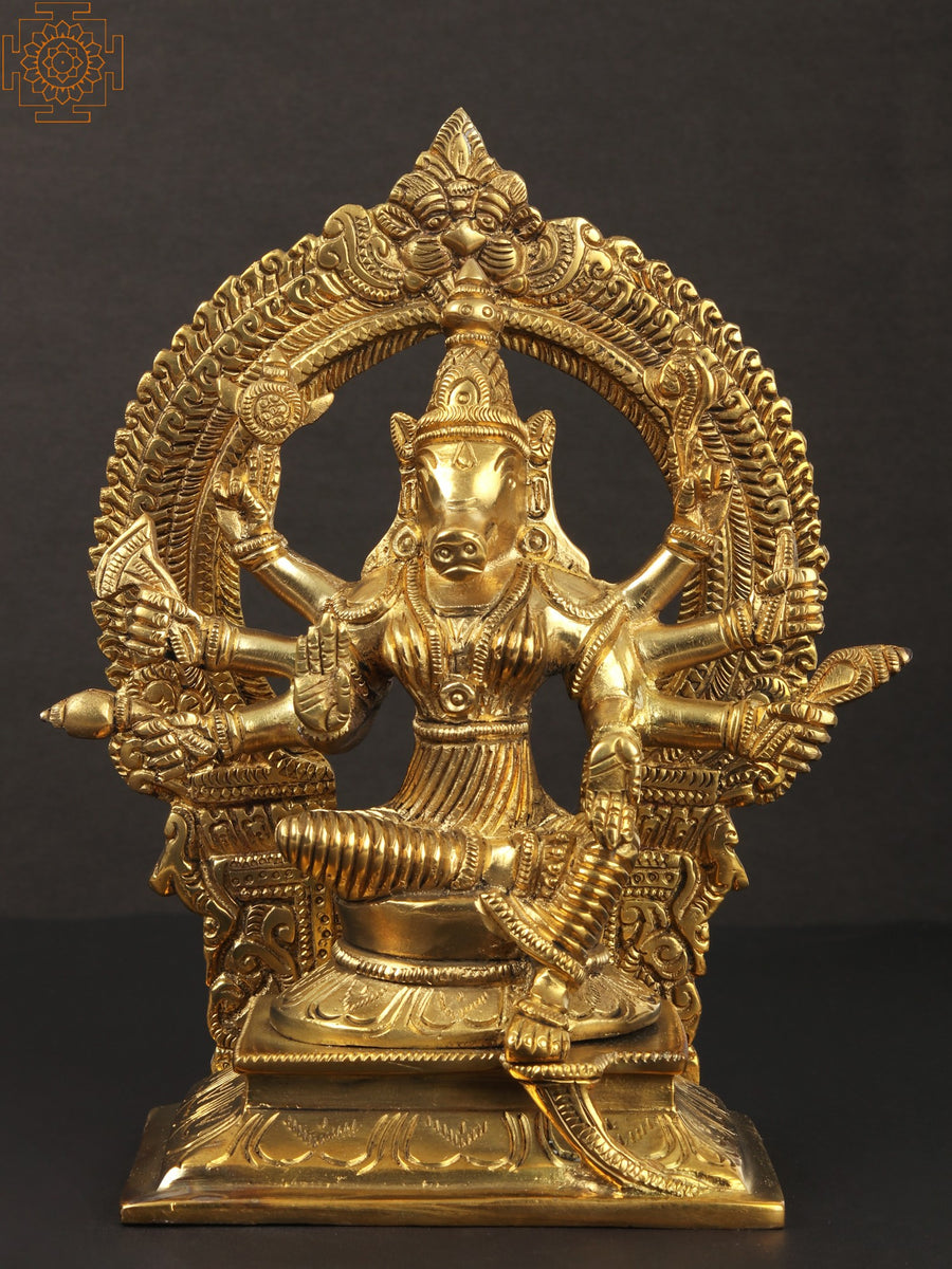 8" Handmade Brass Varahi Statue Eight-Armed Goddess Idol
