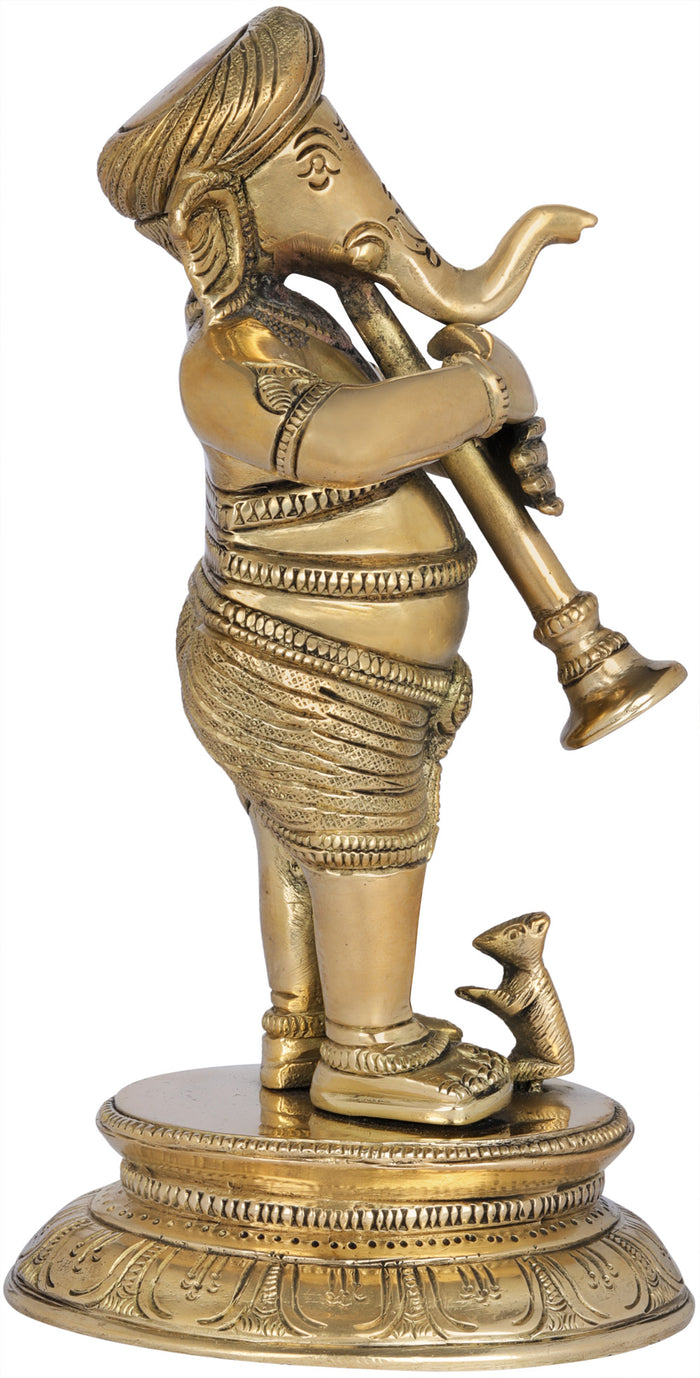 7" Handmade Ganesha Playing Shehnai Brass Statue