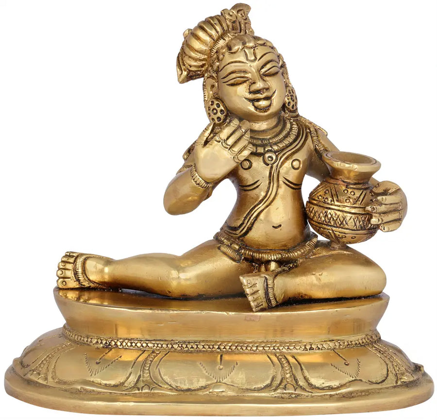 5" Smiling Butter Krishna Brass Statue Handmade