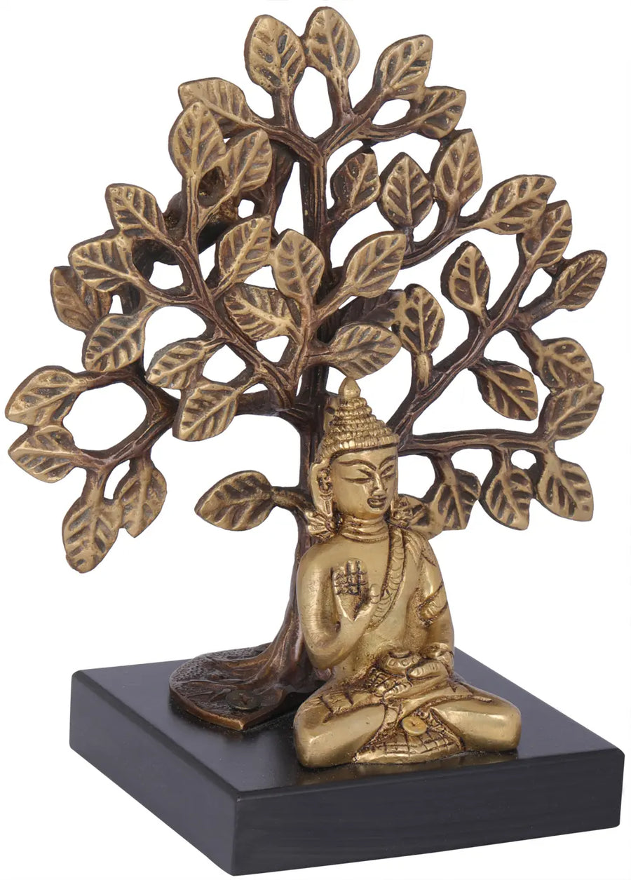 6" Brass Bodhi Tree Buddha Statue on Wooden Pedestal Handcrafted