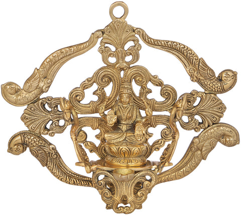 8" Wall Hanging Goddess Lakshmi on Vimana with Attached Lamp in Brass