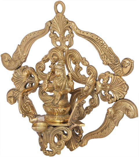 8" Wall Hanging Goddess Lakshmi on Vimana with Attached Lamp in Brass