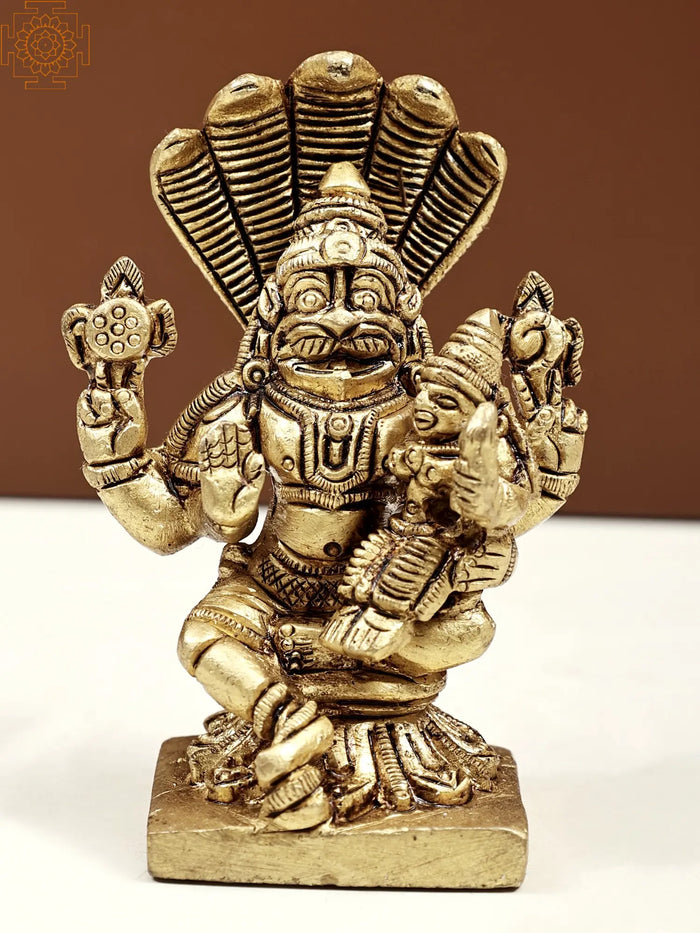 3" Small Narasimha and Lakshmi with Sheshanaga Statue in Brass | Handmade