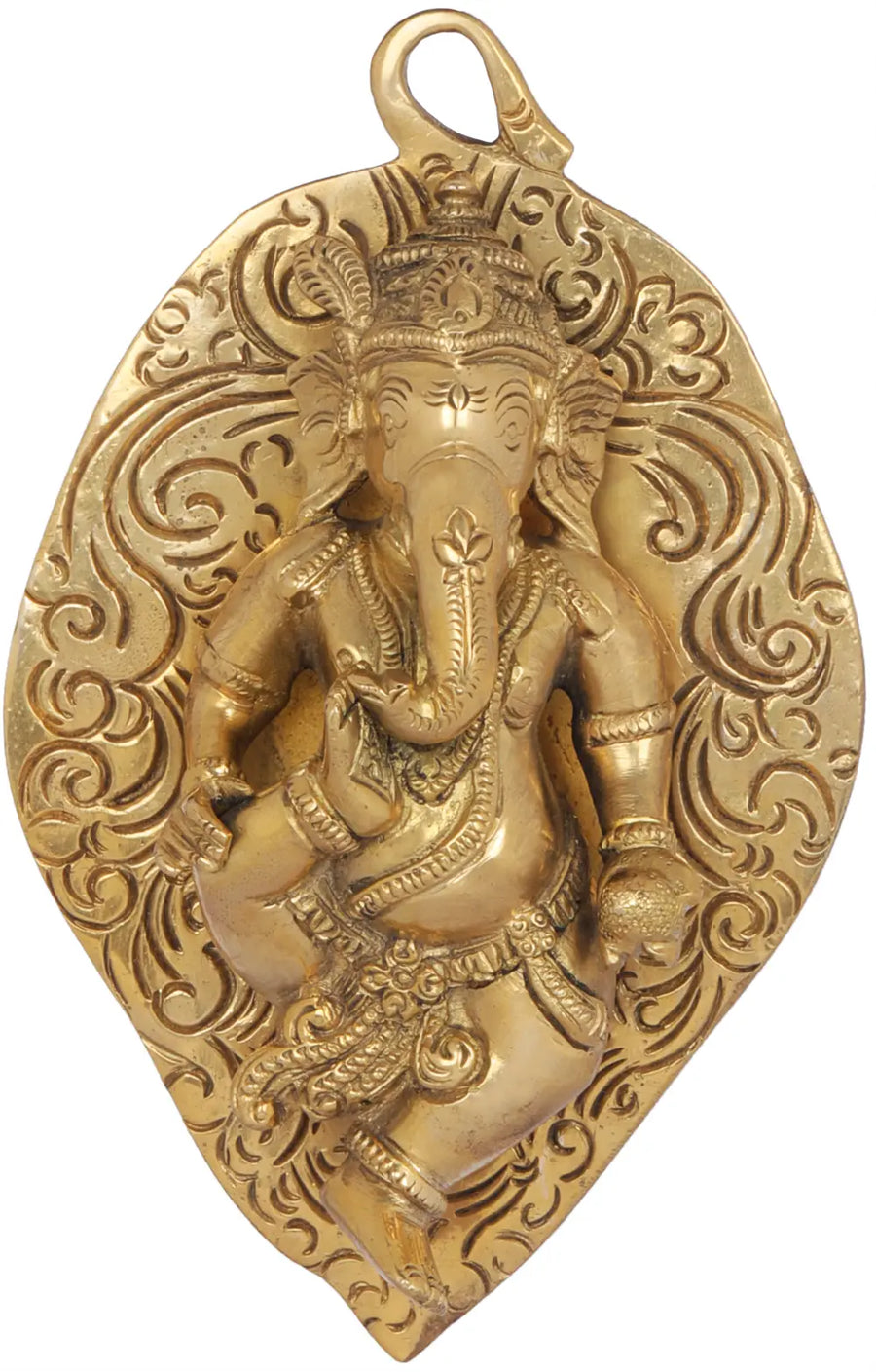 6" Brass Baby Ganesha on Pipal Leaf Wall Hanging Statue