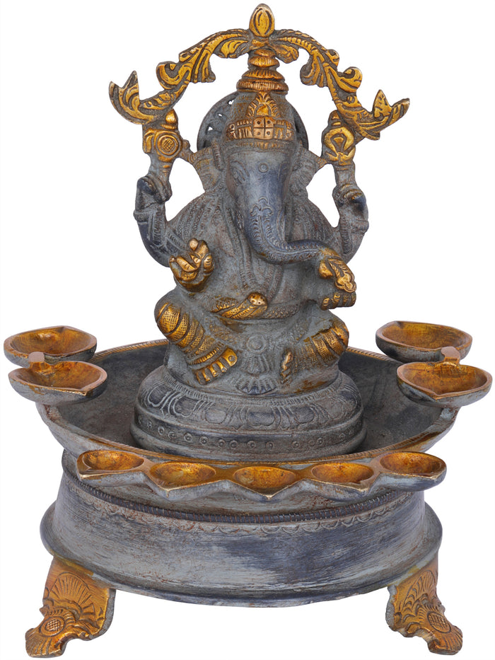 8" Handcrafted Brass Ganesha Nine-Wick Oil Lamp Idol