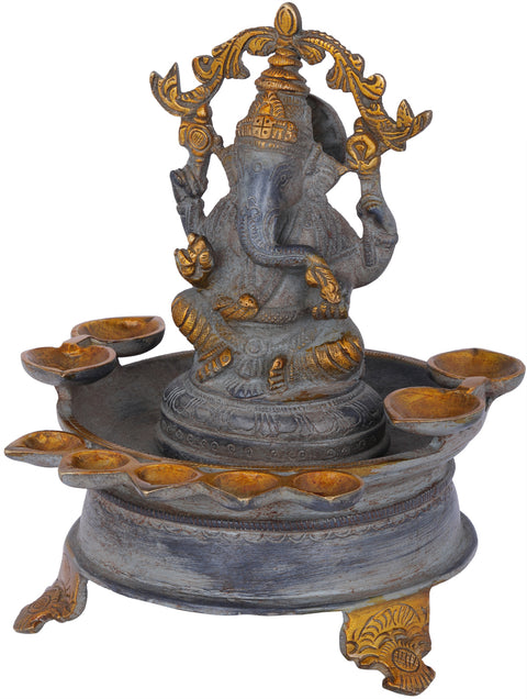 8" Brass Nine-Wick Ganesha Lamp Vessel | Indian Handcrafted Idol