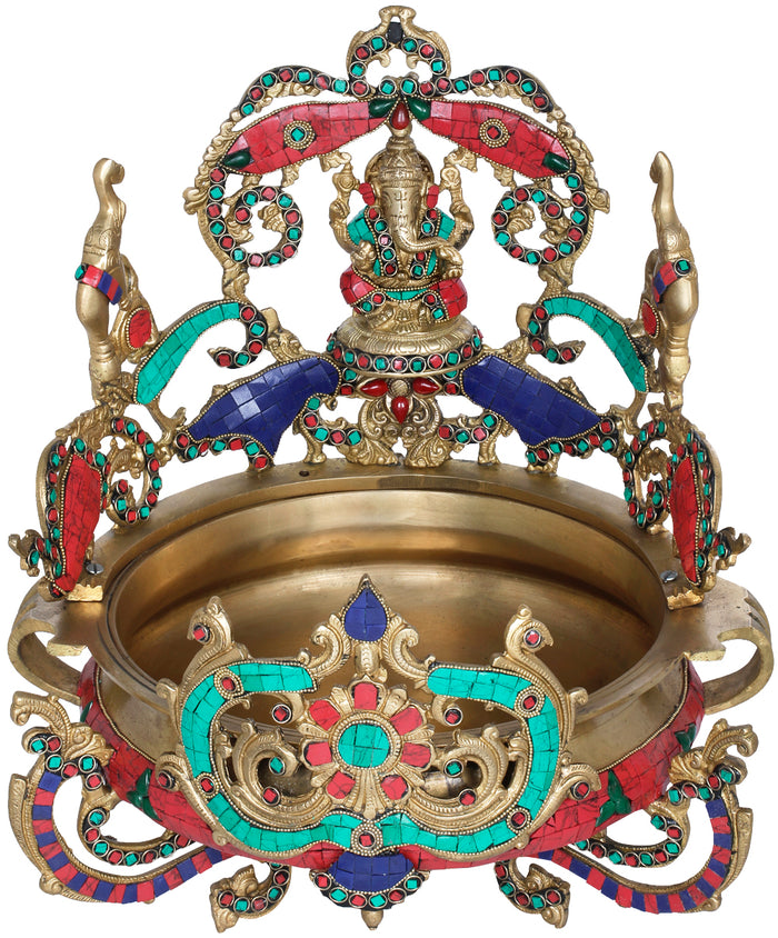 15" Handmade Gaja Ganesha Brass Urli for Home Decor