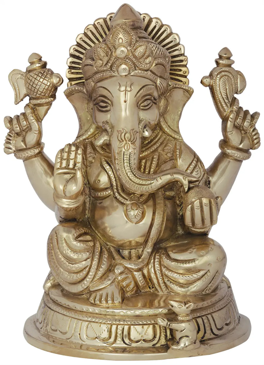 8" Four Armed Blessing Ganesha Brass Statue Handmade