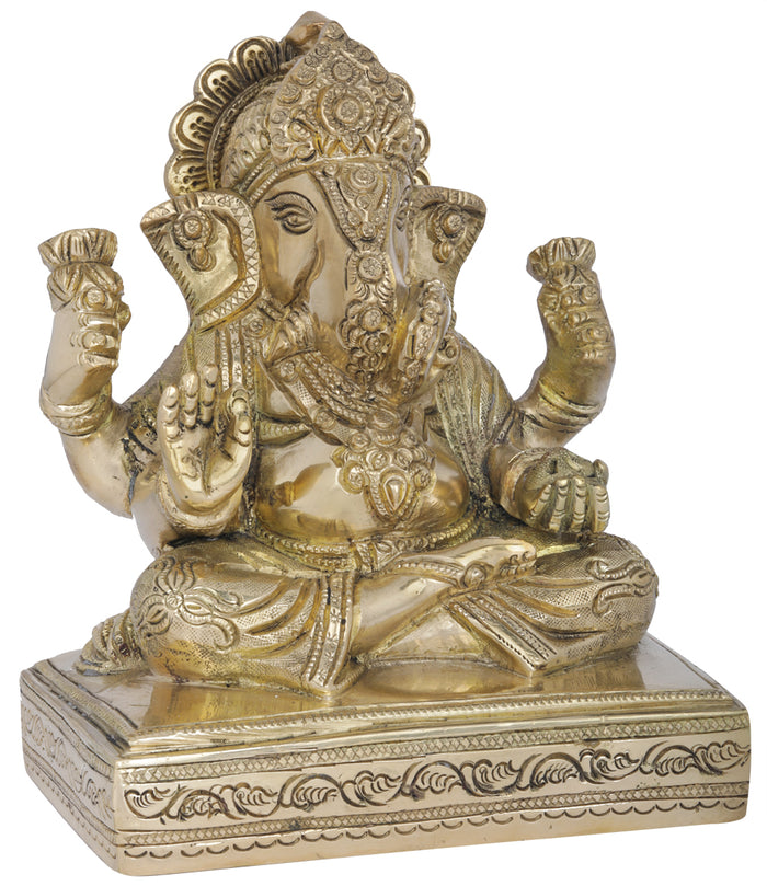 6" Seated Ganesha on Chowki Brass Handmade Idol