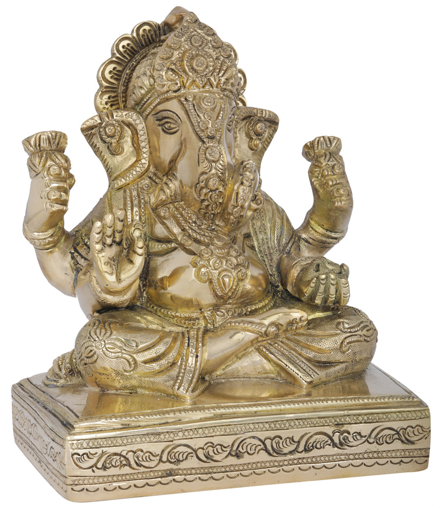 6" Seated Ganesha on Chowki Brass Handmade Idol