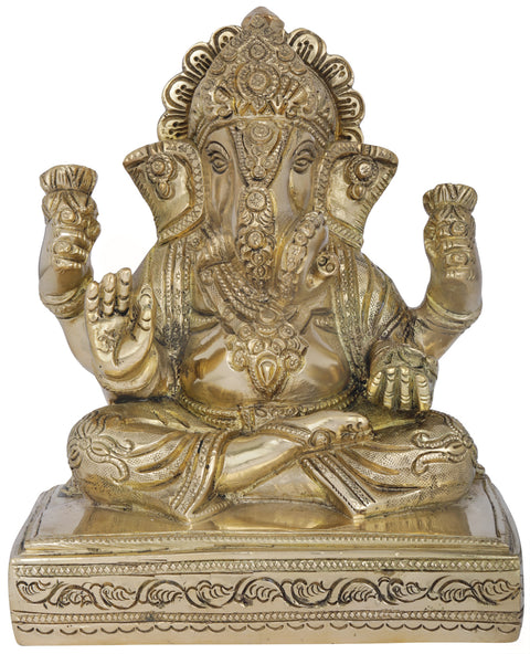 6" Bhagawan Ganesha Seated on Chowki In Brass | Handmade | Made In India