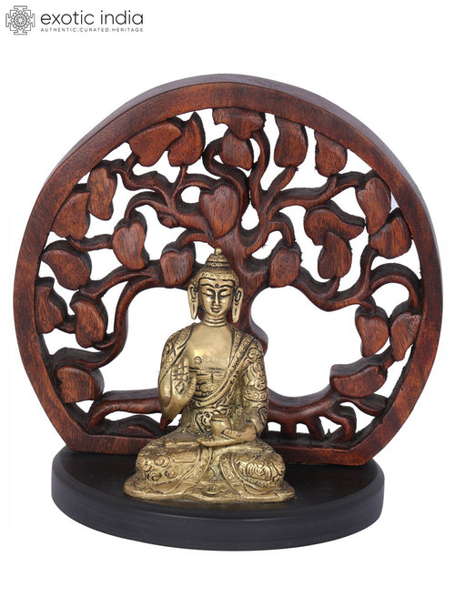 7" Seated Buddha Brass Idol with Wooden Bodhi Tree Aureole