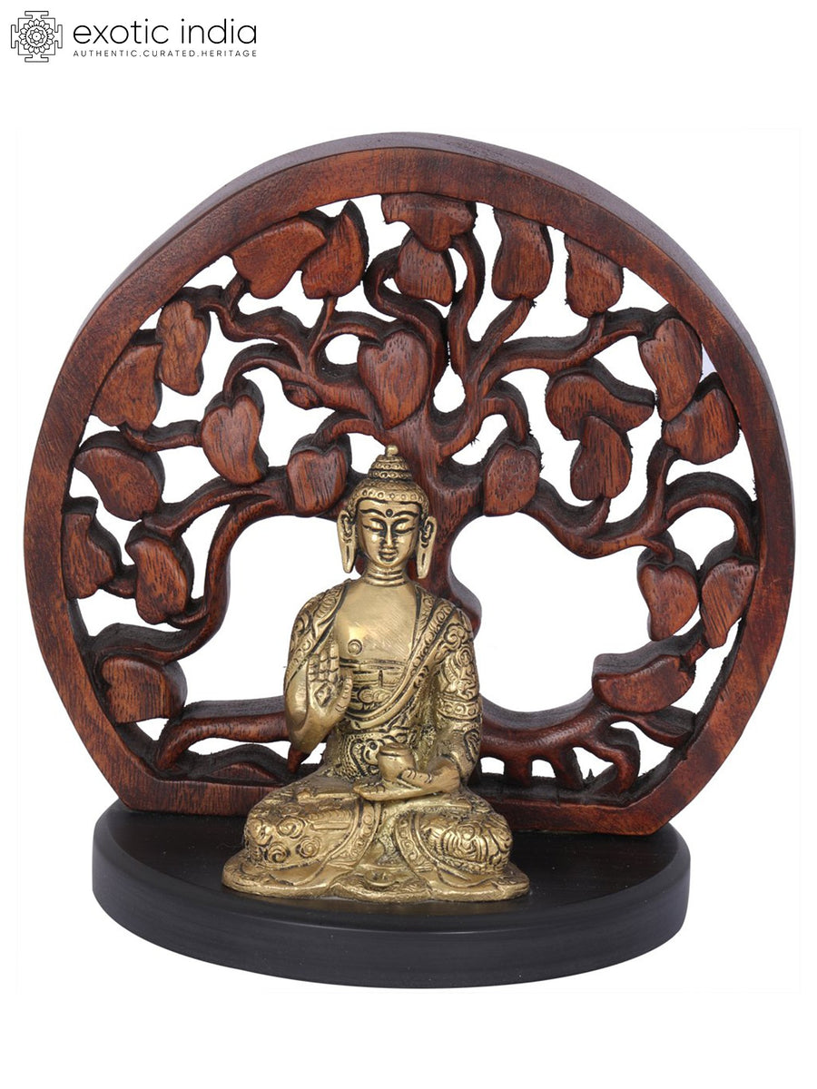 7" Seated Buddha Brass Idol with Wooden Bodhi Tree Aureole