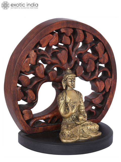 7" Brass Seated Buddha Figurine with Wooden Bodhi Tree Aureole| Indian Handcrafted Idol