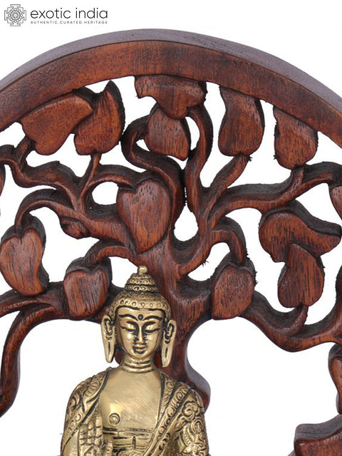 7" Brass Seated Buddha Figurine with Wooden Bodhi Tree Aureole| Indian Handcrafted Idol