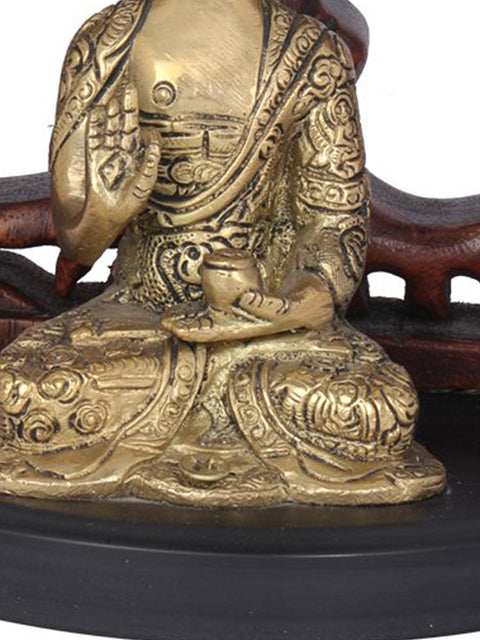 7" Brass Seated Buddha Figurine with Wooden Bodhi Tree Aureole| Indian Handcrafted Idol