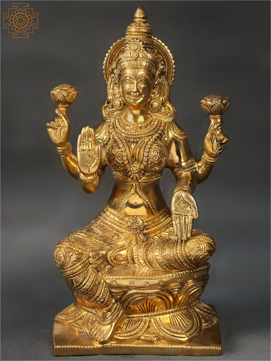 12" Ashirwad Lakshmi Seated on Lotus Brass Statue Handmade