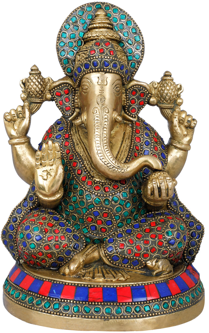 8" Handmade Brass Lord Ganesha Inlaid Statue