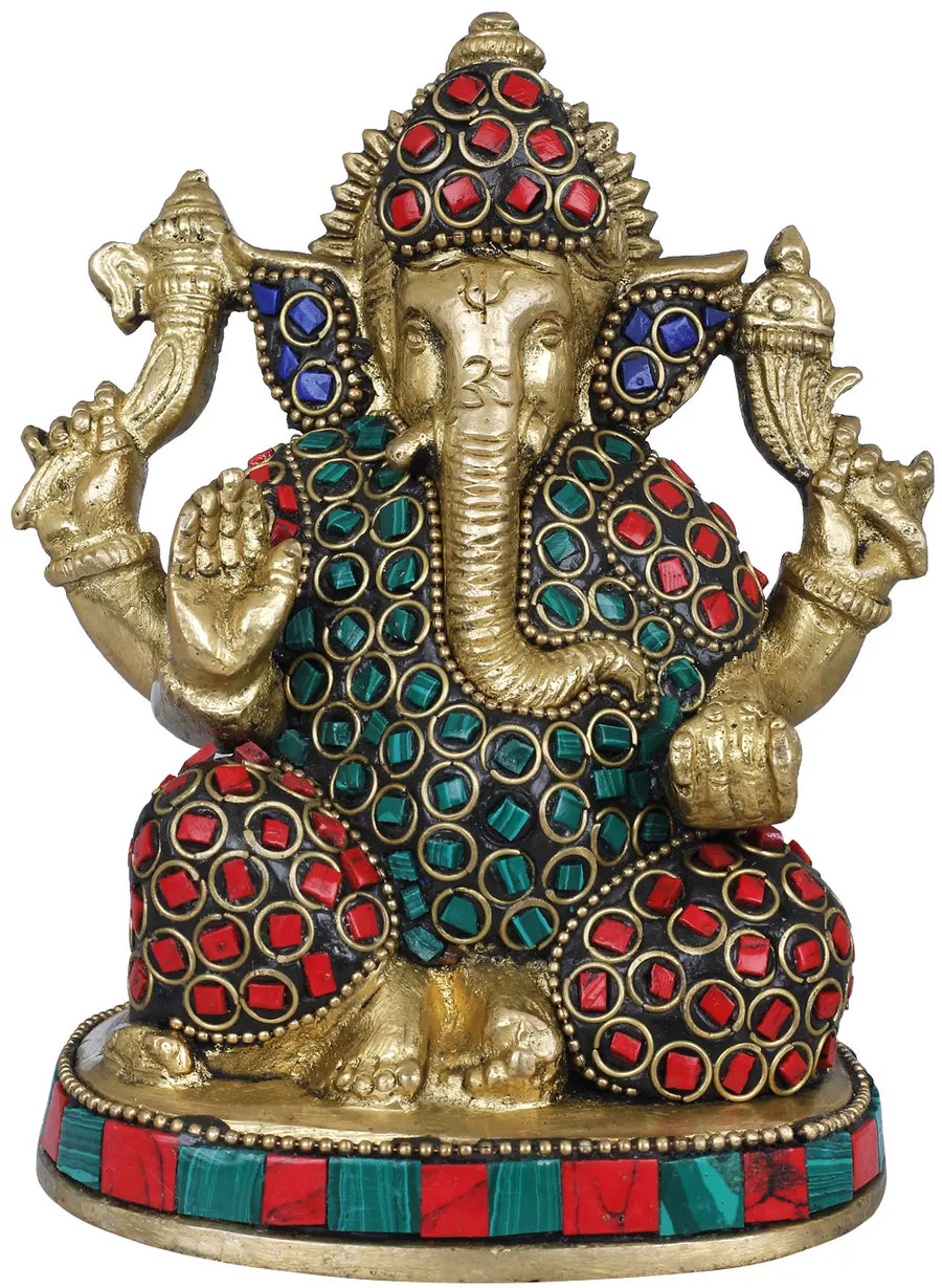 4" Small Inlaid Ganesha Brass Statue Handmade