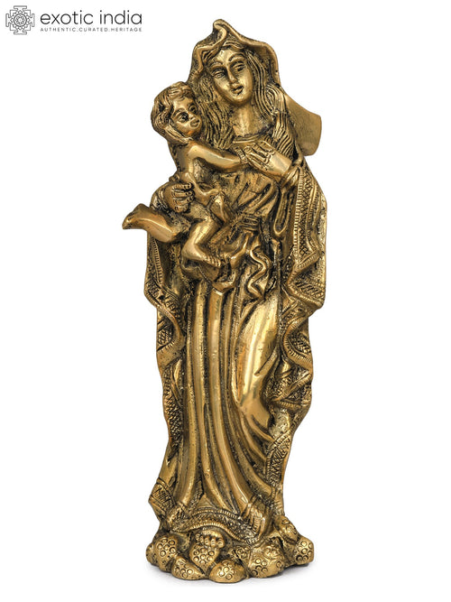 7" Mother Mary with Baby Jesus Handmade Brass Statue