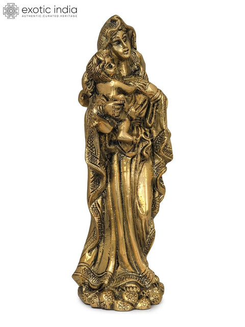 7" Mother Mary with Baby Jesus Brass Statue | Handmade | Made in India